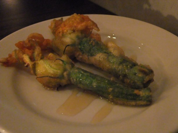 Deep fried courgette flowers stuffed with goats cheese and drizzled with honey at The Opera Tavern