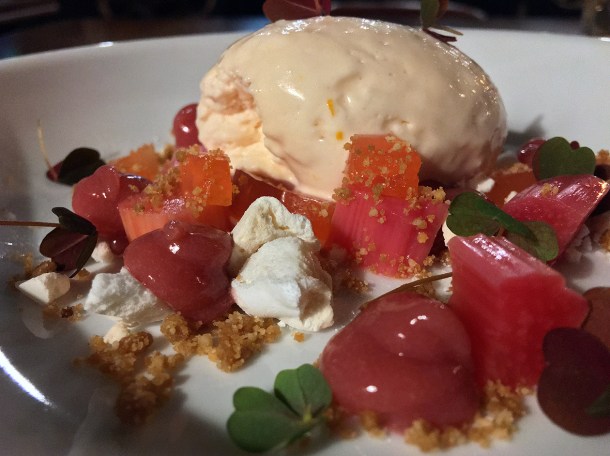 illustrative photo of the forced rhubarb textures meringue dessert at Opera Tavern