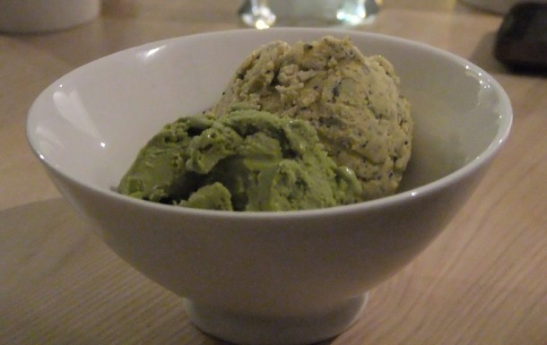 Green tea and black sesame ice creams