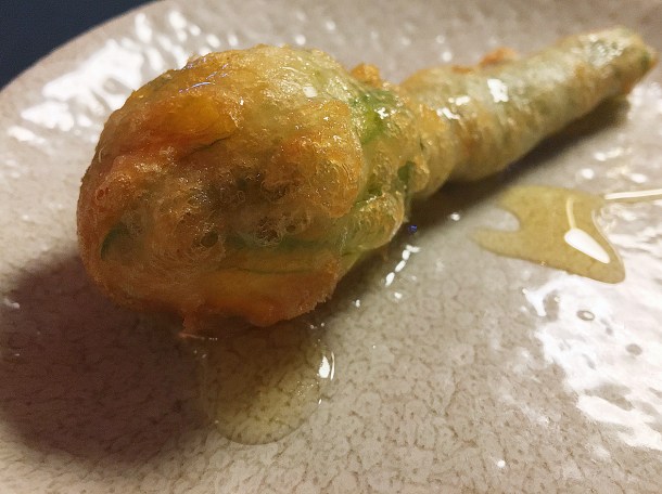 illustrative photo of the honey goats cheese stuffed courgette flower at Opera Tavern