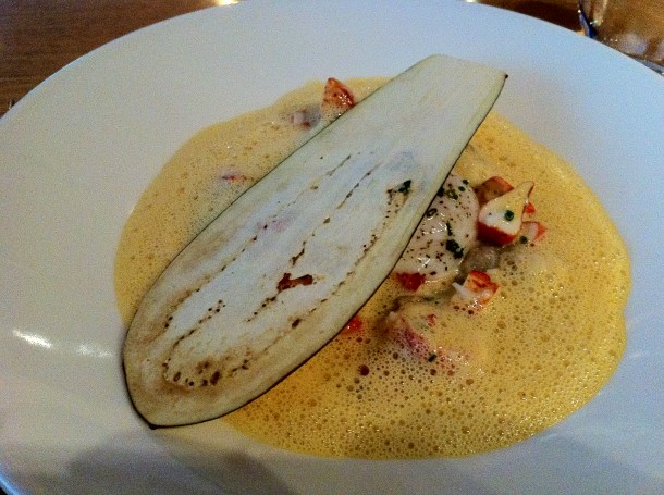 Aubergine puree with lobster and sea urchin foam at The Modern