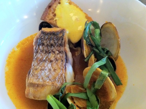 Striped bass and clams at Prune