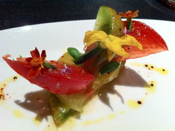 tomato salad in basil oil at L'Atelier Joel Robuchon Las Vegas tomato salad in basil oil at l'atelier joel robuchon las vegas