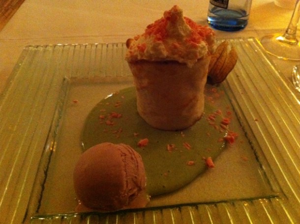 white chocolate tower with blueberry ice cream and basil sauce at Divina La Cocina