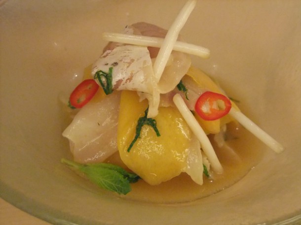 sea bass, mint, chilli and mango ceviche at senkai regent street