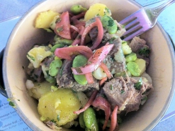 beef tongue, fava bean, potato and pickled onion salad at m. wells