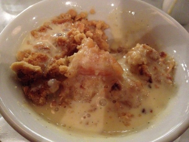 quince, apple and prune crumble with custard at magdalen