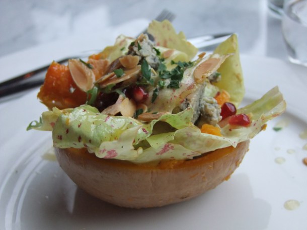 butternut squash with blue cheese and pomegranate at pizarro