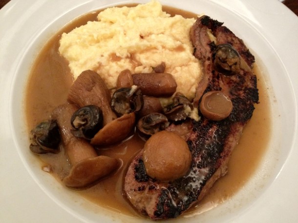 calves liver, snails, polenta and cep at duck soup