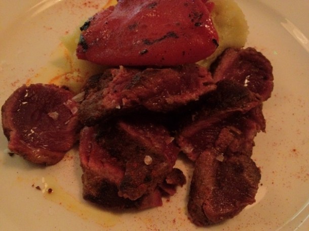 iberico pork fillet and olive oil mashed potatoes with piquillo peppers at pizarro