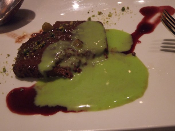 chocolate parfait in pistachio creme anglais at trois garcons