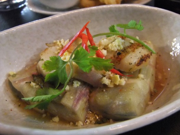 eggplant salad with grilled scallops at Suda aubergine salad with grilled scallops at suda