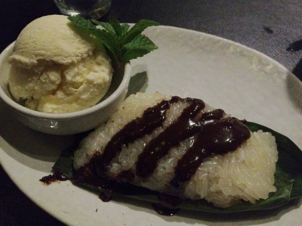 sticky rice roll with bitter chocolate filling at Suda sticky rice roll filled with bitter chocolate at suda