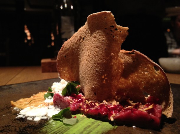 venison tartare and hazelnut puree at tom aikens