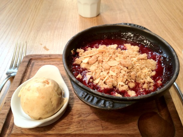 pear, plum and raspberry crumble with toasted almond ice cream at tom's kitchen kensington and chelsea