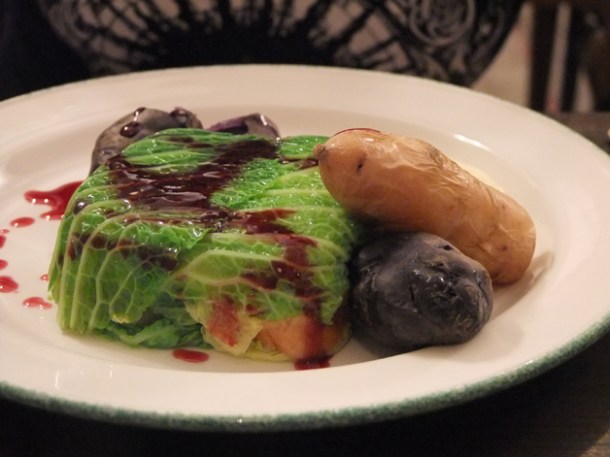 yorkshire cheddar and savoy cabbage pudding with potatoes, creamed celeriac and red wine at orchard holborn