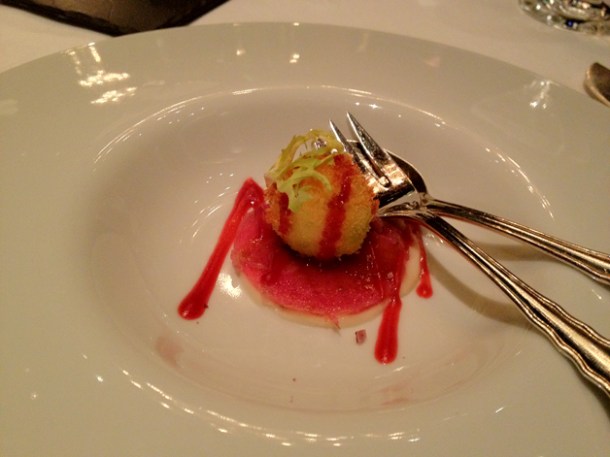 breaded goats cheese, beef carpaccio and celery purée amuse bouche at anna sacher