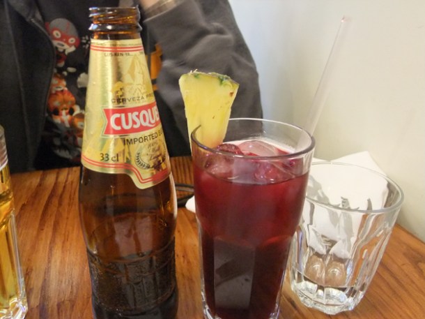 cusquena beer and chicha morada at ceviche london