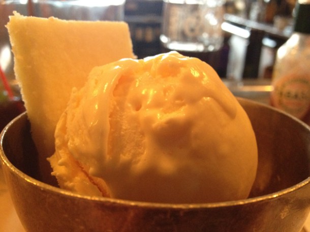pickled cranberries with creme fraiche ice cream and shortbread at spuntino