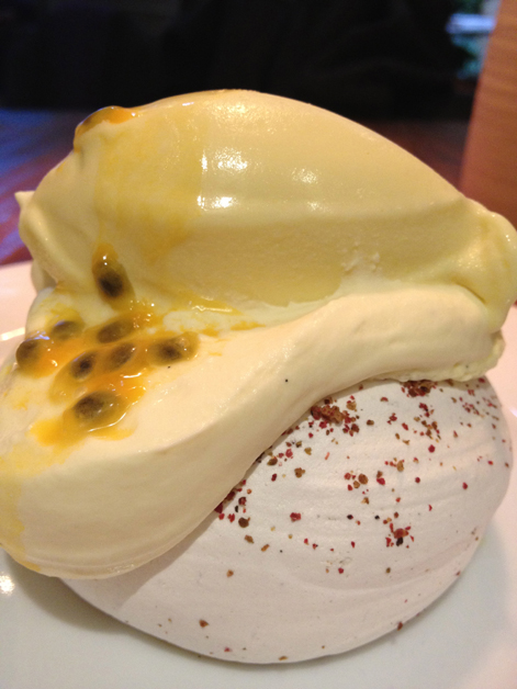 pink peppercorn meringue and passion fruit frozen yoghurt at karpo