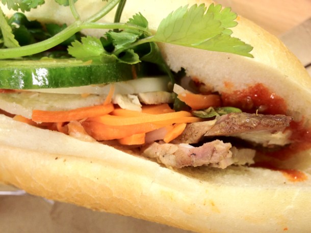 pork belly banh mi at Banh Mi 11 pork belly crackling Vietnamese sandwich at banh mi 11