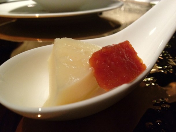 cheese and quince - parsnip and tomato jelly at Moments Barcelona cheese and quince - parsnip and tomato jelly at moments mandarin oriental hotel barcelona