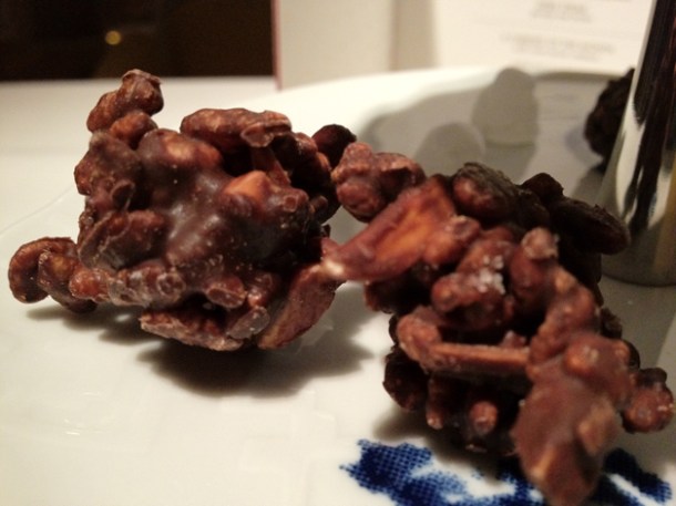 crispy chocolate rice and almond petit fours at Moments Barcelona crispy chocolate rice and almond petit fours at moments mandarin oriental hotel barcelona