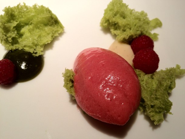 raspberry sorbet with vanilla cream and pistachio cake at cinc sentits