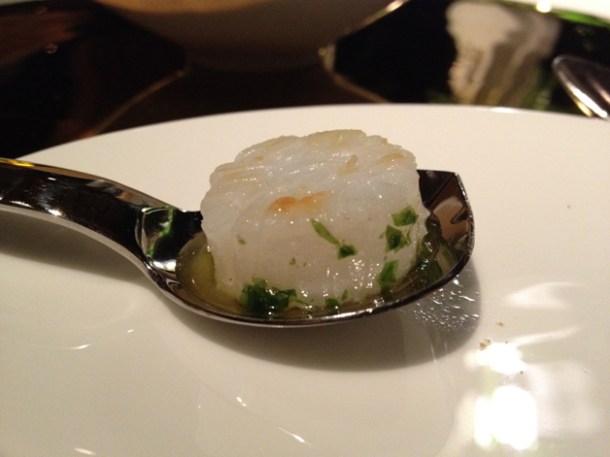 scallop - squid, seaweed and nut patty at Moments Barcelona scallop - squid, seaweed and nut patty amuse bouche at moments mandarin oriental hotel barcelona