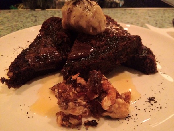 warm banana bread with cinnamon sorbet and candied walnuts at la bodega negra