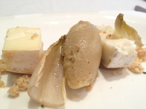 banana and honey cream with baked aubergine sorbet and cheeses at Gelonch banana and honey cream with baked aubergine sorbet and cheeses at gelonch