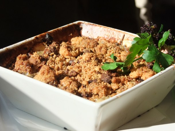 leek and cheddar crumble at Food For Friends leek and cheddar crumble at food for friends