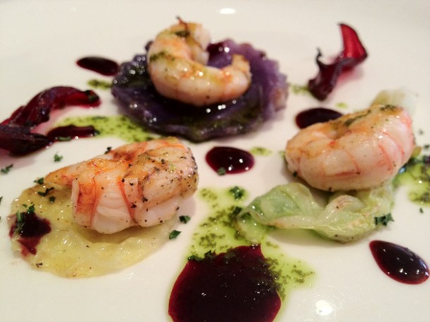 prawns, pisco and hibiscus at Gelonch prawns, pisco and hibiscus at gelonch