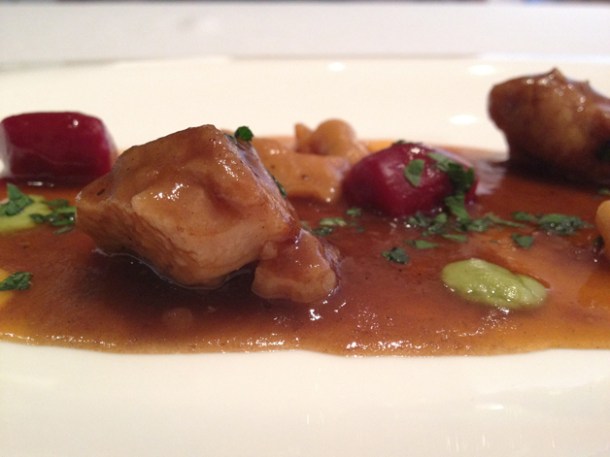 veal sweet breads and cod innards with beetroot gnocchi at Gelonch veal sweet breads and cod innards with beetroot gnocchi at gelonch
