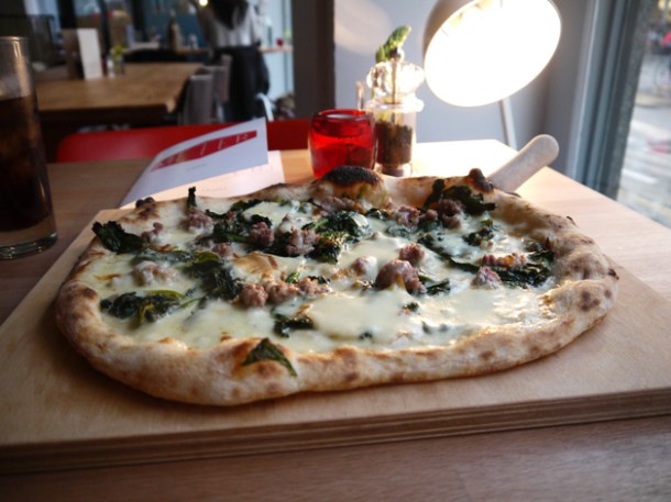 wild broccoli, pork and fennel sausage, chillies, cream and mozzarella pizza at meter
