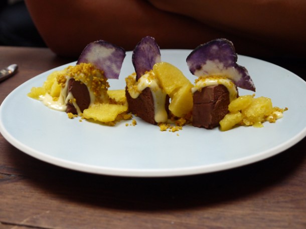 cacao porcelana with mango granita and blue potato crystals at lima fitzrovia