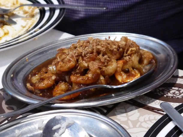 prawn curry with shrimp garnish at mandalay