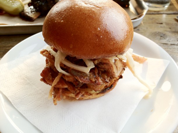 pulled pork slider at duke's brew and que