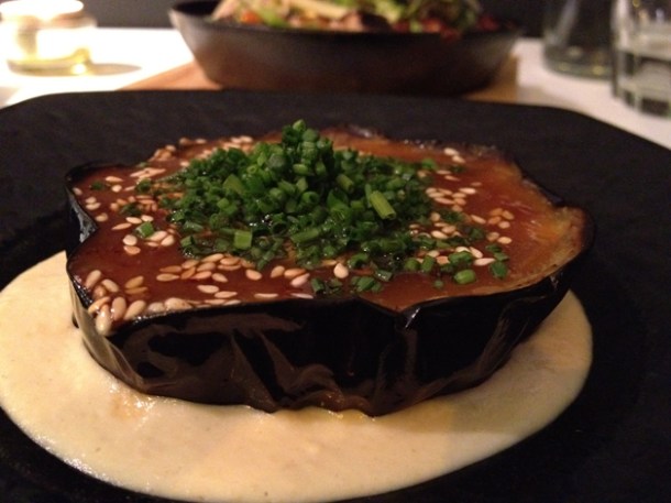 grilled aubergine with sweet miso on hummus at Tapasia grilled eggplant with sweet miso on hummus at tapasia