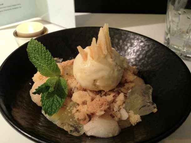 lychee and hazelnut crumble at Tapasia lychee and hazelnut crumble at tapasia