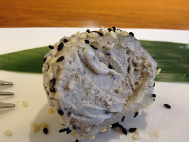 interior of black sesame ice cream mochi at toku