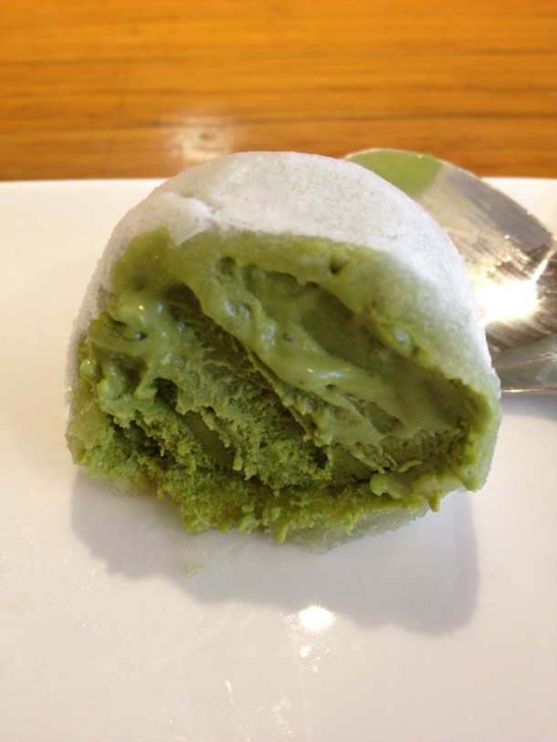 inside green tea ice cream mochi at toku
