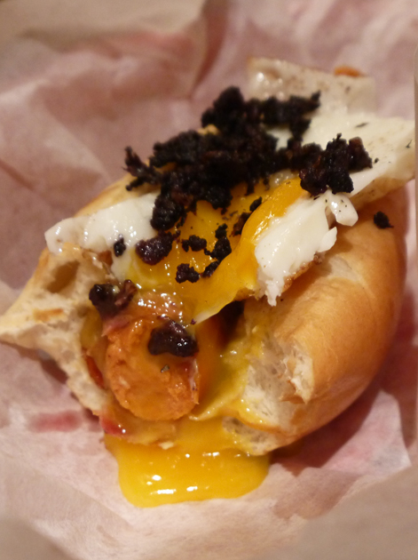 oozing Breakie hot dog at Bubbledogs runny egg on a breakie hot dog at bubbledogs