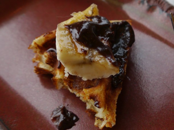 banana and nutella belgian waffle close up from Duck and Waffle banana and nutella belgian waffle close up from duck and waffle