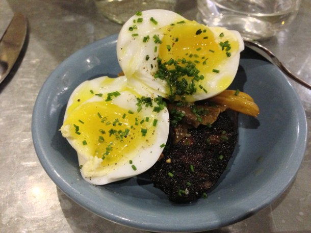 black pudding, duck egg and chanterelle mushrooms at 10 greek street
