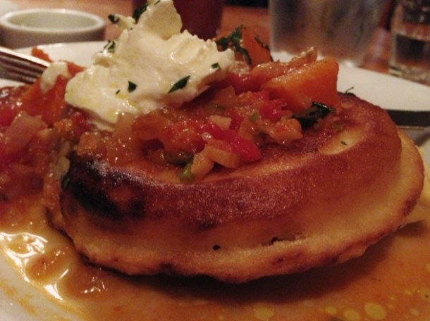 chickpea pancake with roasted pumpkin and yoghurt at great queen street