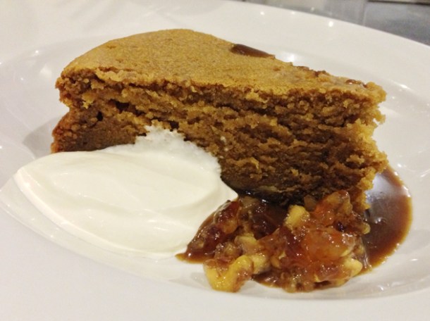 ginger and chestnut cake, butterscotch and crème fraiche at 10 greek street