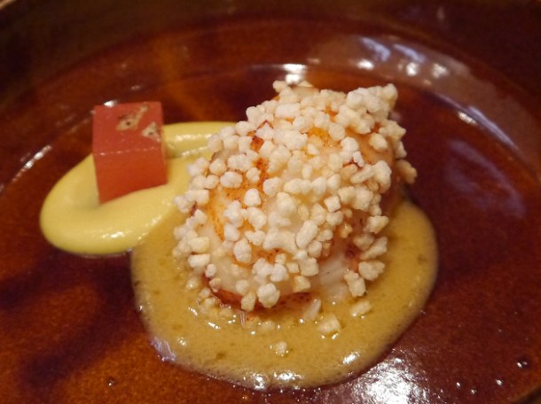lobster with rice krispies and roasted corn puree and watermelon jelly cube at bo london