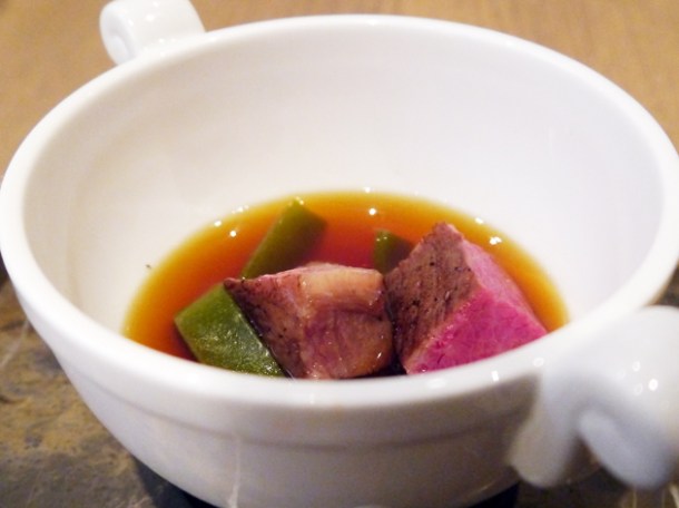 wagyu beef with chive noodles in soup at bo london