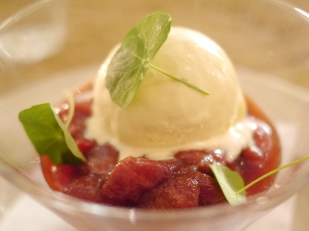 horseradish ice cream with strawberry and balsamic vinegar jam at grain store king's cross